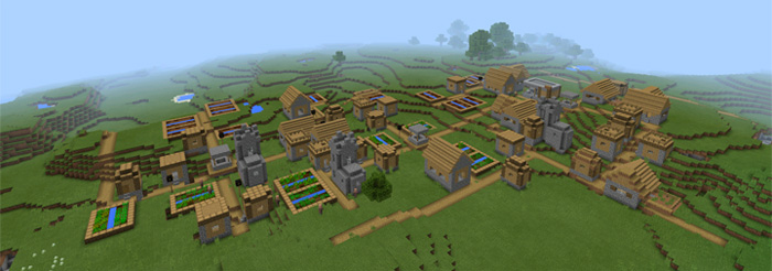 -1385905961: Triple Village At Spawn | Minecraft PE Seeds